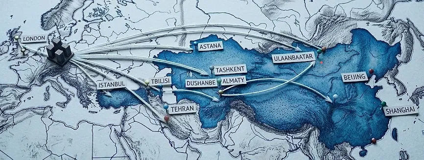 Domlesta freight route map from Europe to Kazakhstan, Uzbekistan, Armenia, Azerbaijan, Kyrgyzstan, Georgia, Tajikistan, Mongolia, Turkey, China
